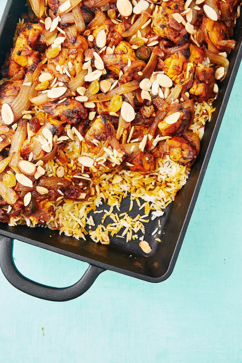 <p>Chicken biryani is such an easy and delicious dinner idea. Loaded with gorgeous chicken, onions and spices, we love the addition of raisins and almonds, too. YUM!</p><p>Get the <a href="https://www.delish.com/uk/cooking/recipes/a28868967/chicken-biryani/" rel="nofollow noopener" target="_blank" data-ylk="slk:Chicken Biryani;elm:context_link;itc:0;sec:content-canvas" class="link ">Chicken Biryani</a> recipe.</p>