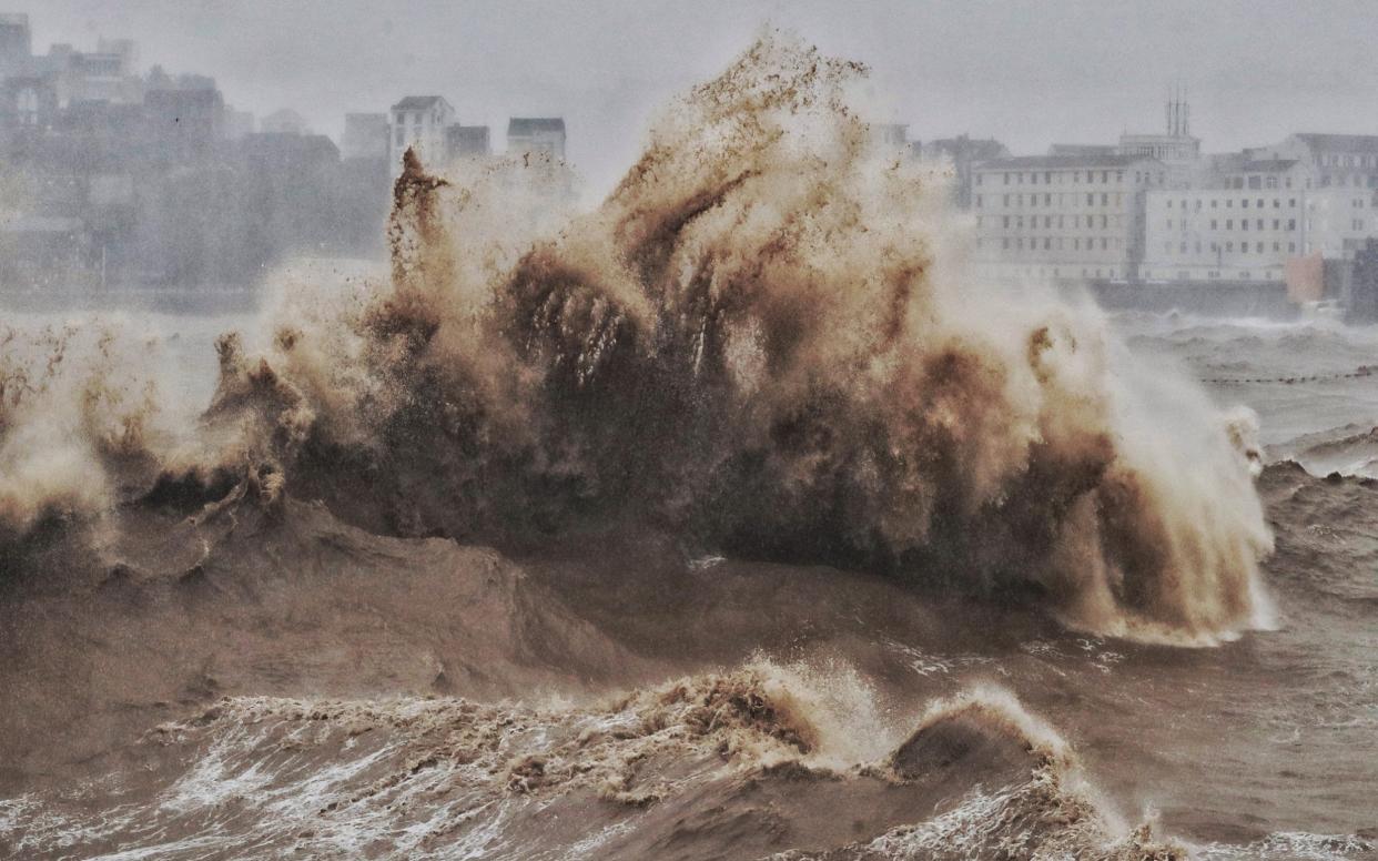 Huge waves caused by Typhoon Lekima pound the beach on August 9, 2019 in Taizhou, Zhejiang Province of China. - Visual China Group