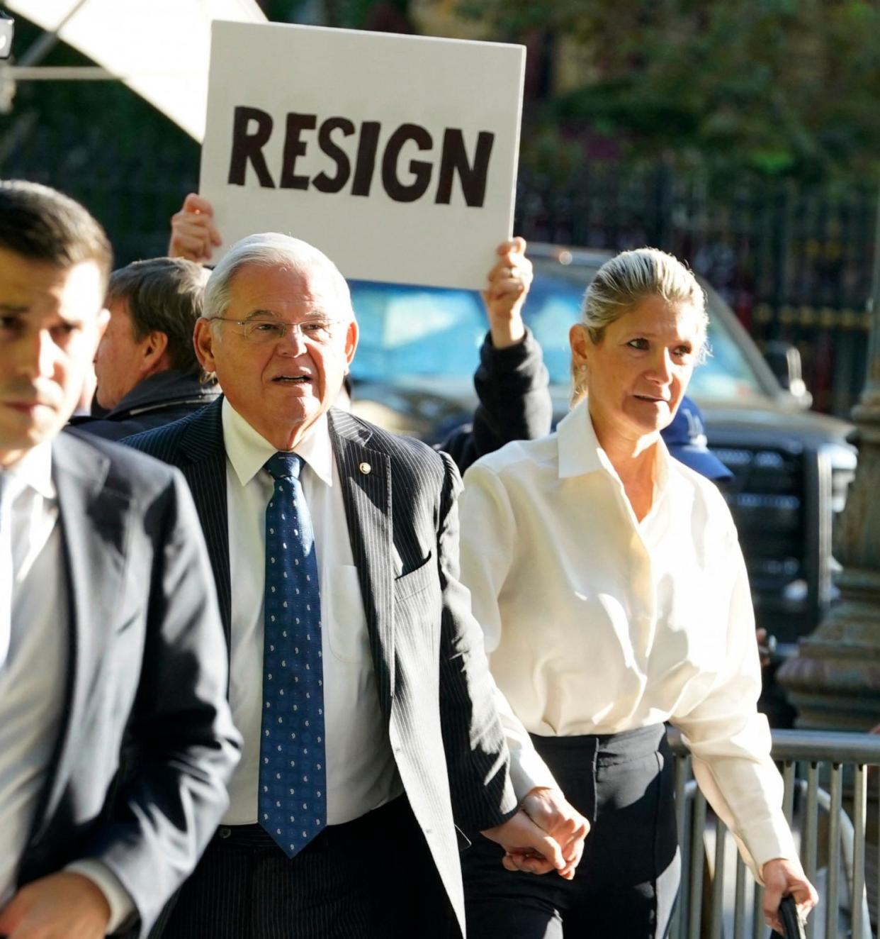 PHOTO: Senator Bob Menendez, Democrat of New Jersey, and his wife Nadine Arslanian, arrive at the US District Court, Southern District of New York, in New York City on Sept. 27, 2023.  (Timothy A. Clary/AFP via Getty Images)