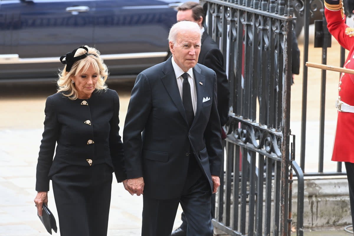 President Joe Biden and first lady Jill Biden arrive at Westminster Abbey in London for state funeral of Queen Elizabeth II (POOL/AFP via Getty Images)