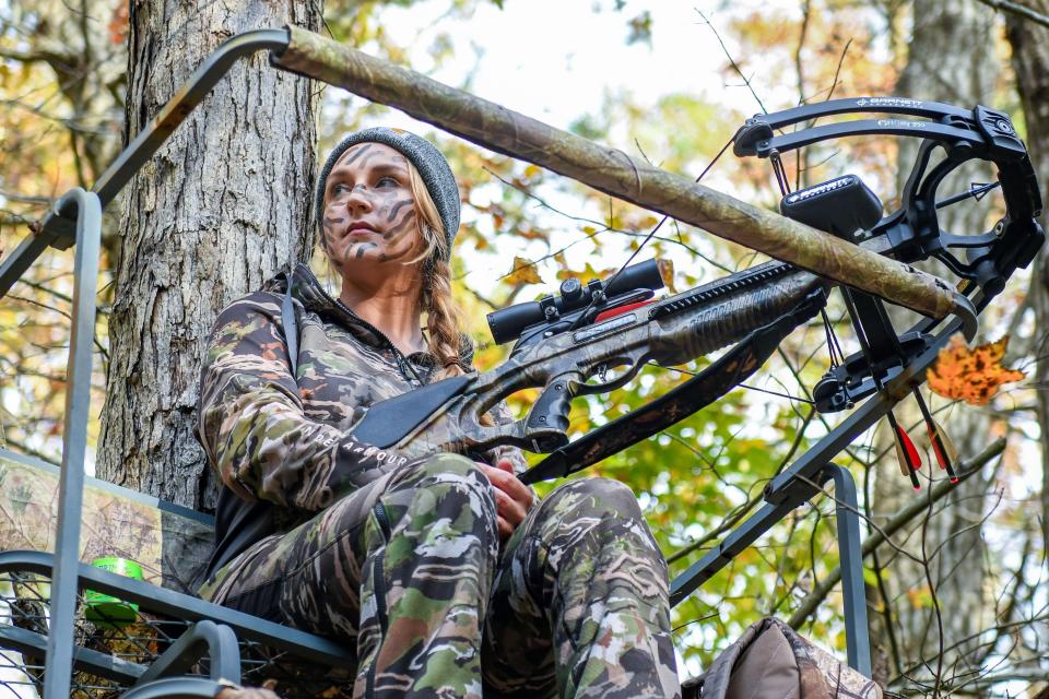 Fidelia Kurtz sits watching for deer in her hunting stand in Snow Hill on Thursday, Nov 8, 2018. 