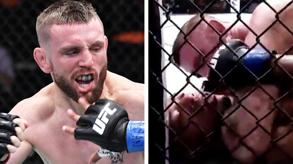 UFC fighter Tim Elliott was caught on microphones accusing his opponent of being a 'woman beater' during their bout at UFC 259 in Las Vegas. Pictures: Getty Images/Twitter