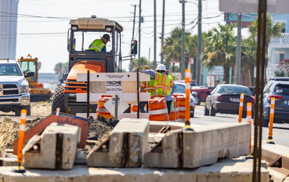 Work continues Thursday on the redevelopment project for Front Beach Road in Panama City Beach. The area along Front Beach Road near State 79 is pictured.