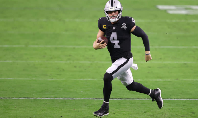 Las Vegas Raiders quarterback Derek Carr on the field.