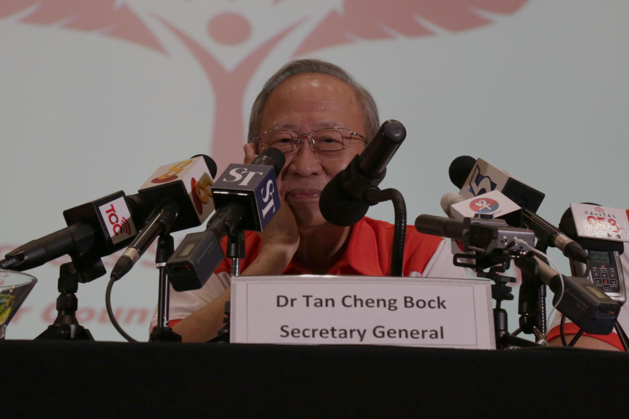 Former presidential candidate Tan Cheng Bock addresses reporters at the launch of the Progress Singapore Party on Friday, 26 July 2019. PHOTO: Dhany Osman/Yahoo News Singapore