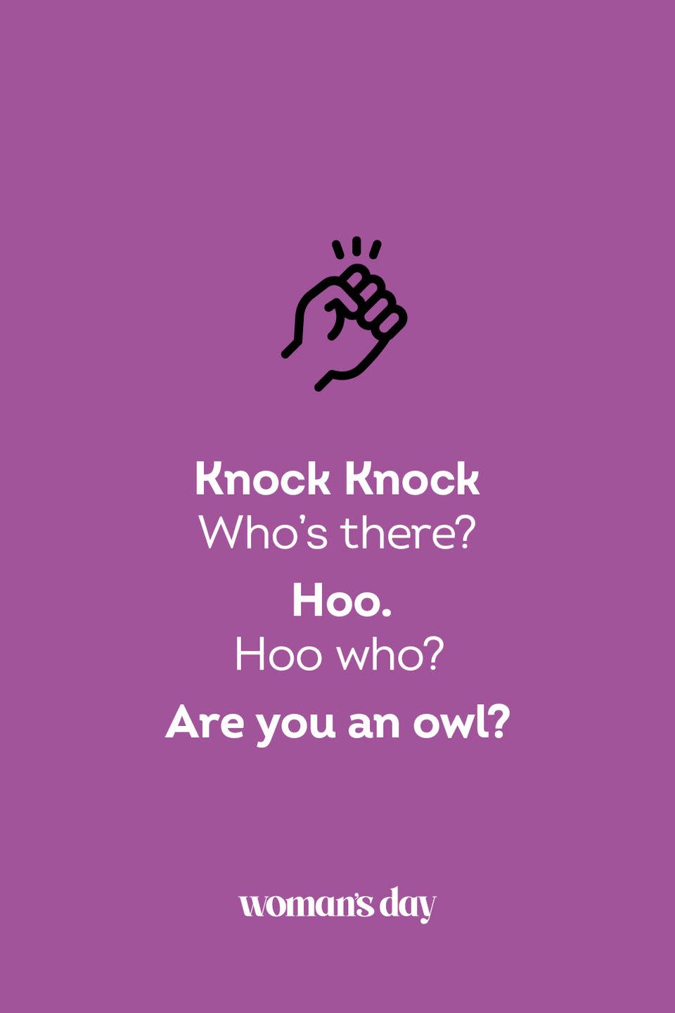 <p><strong>Knock Knock</strong></p><p><em>Who’s there? </em></p><p><strong>Hoo.</strong></p><p><em>Hoo who?</em></p><p><strong>Are you an owl?</strong></p>