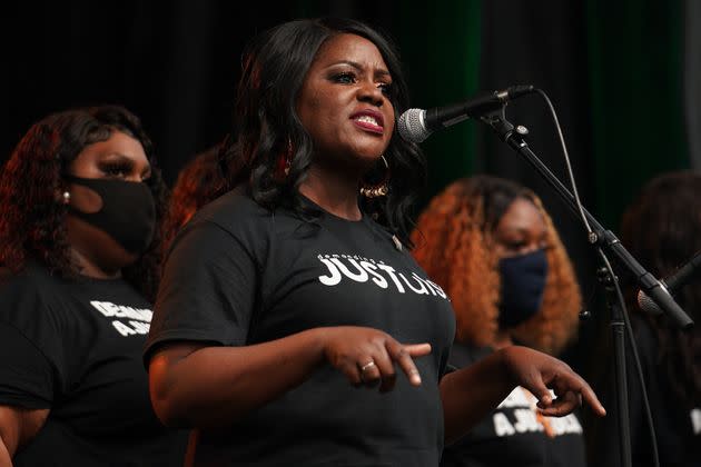 Dr. Tiffany Crutcher speaks during a Juneteenth celebration in the Greenwood District of Tulsa, Oklahoma, on June 19, 2020. Crutcher is the twin sister of Terence Crutcher, who was killed by a Tulsa police officer in 2016. She is an advocate for police reform and racial justice. (Photo: Michael B. Thomas via Getty Images)