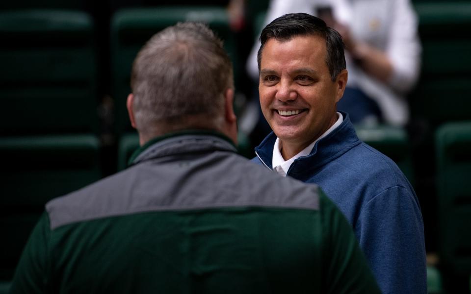 San Jose State basketball coach and former Colorado State head coach Tim Miles catches up with old colleagues before the game at Moby Arena on Saturday.