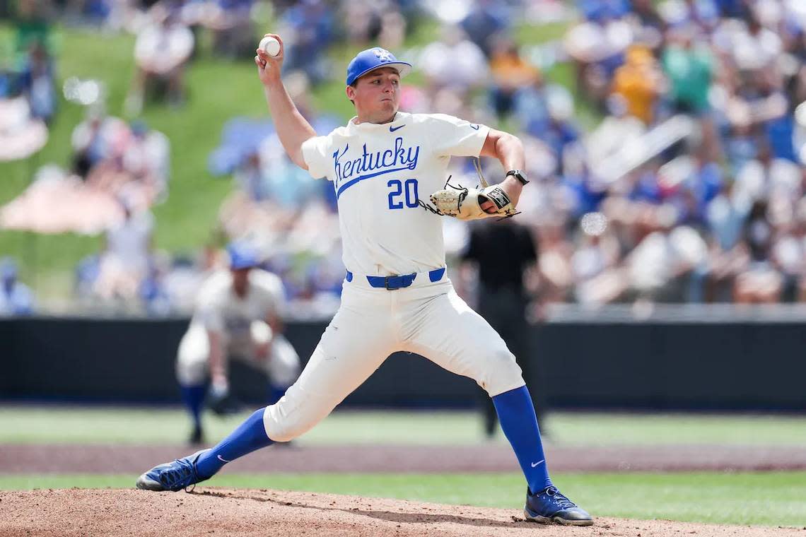 Mason Moore, a 6-foot-4 junior from Rowan County High School, allowed two runs on three hits across five innings Sunday to pick up his team-leading eighth pitching win of the season. Morgan Simmons/UK Athletics