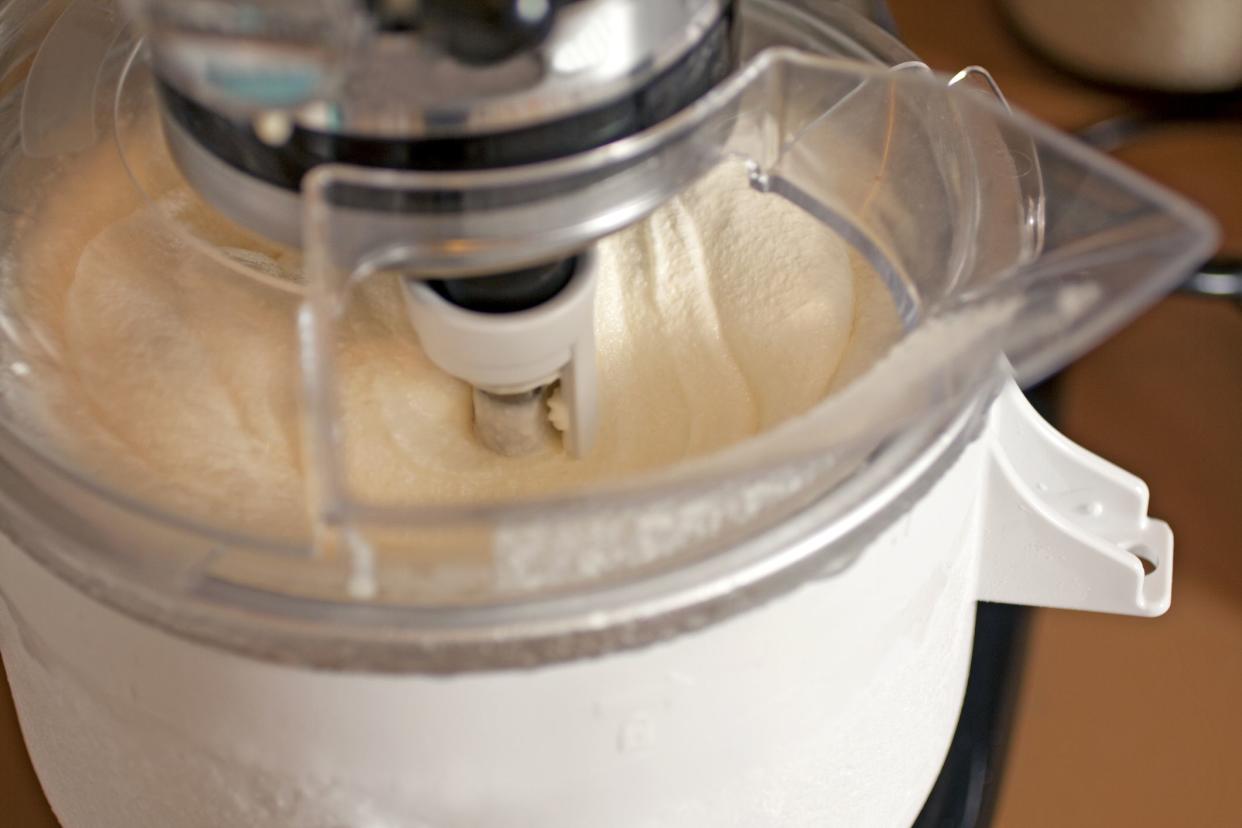 Homemade ice cream churning in an ice cream maker