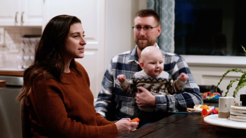 Rachael Gambino, her husband Garrett Mazzeo, and their son from the home outside Philadelphia the couple purchased in 2022. Now, the family is struggling to make their $3,400-a-month mortgage payment along with the cost of a nanny and a new car. - Deborah Brunswick/John General/CNN