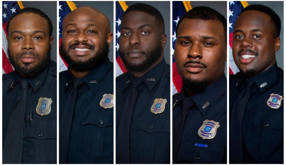 From left are officers Demetrius Haley, Desmond Mills, Jr., Emmitt Martin III, Justin Smith and Tadarrius Bean (via REUTERS)