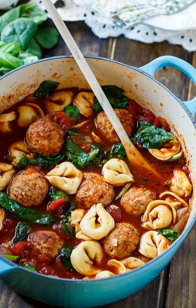 <p>Frozen meatballs + packaged tortellini = easiest soup ever.</p><p><em><a href="http://spicysouthernkitchen.com/meatball-and-tortellini-soup/" rel="nofollow noopener" target="_blank" data-ylk="slk:Get the recipe from Spicy Southern Kitchen »;elm:context_link;itc:0;sec:content-canvas" class="link "><span class="redactor-invisible-space">Get the recipe from Spicy Southern Kitchen »</span> </a></em></p>