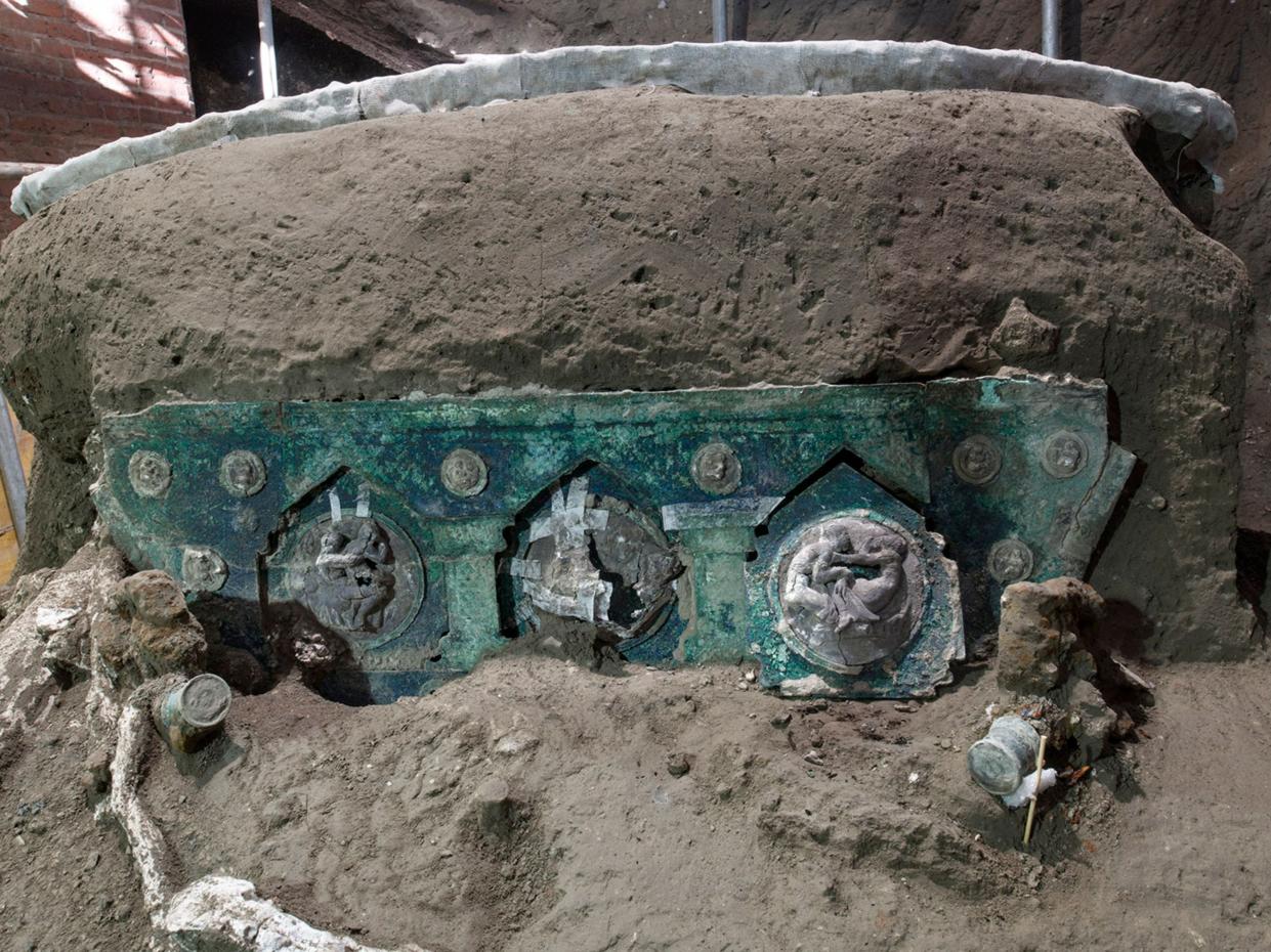 <p>The ceremonial chariot was uncovered in a porch at a Roman villa outside the walls of Pompeii</p> (POMPEI ARCHAEOLOGICAL PARK/AFP)