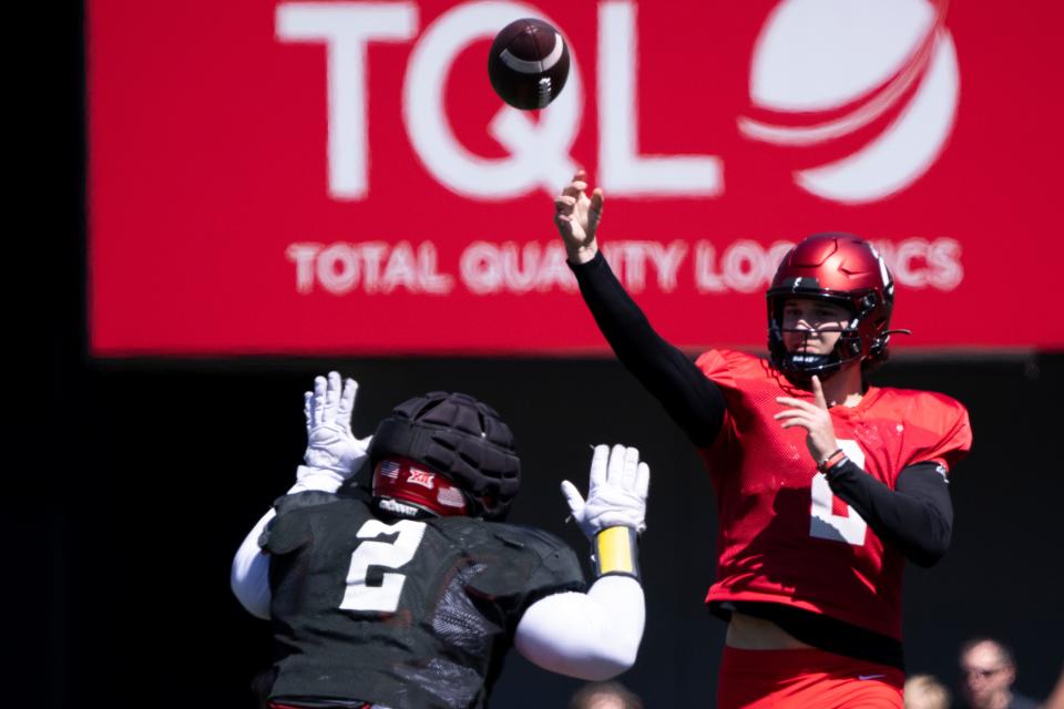 Quarterback Brendan Sorsby, here throwing during the Red and Black spring football game and practice, is arguably the biggest  acquisition by virtue of his position. At Indiana, Sorsby passed for 1,587 yards and 15 touchdowns with only five interceptions last season.