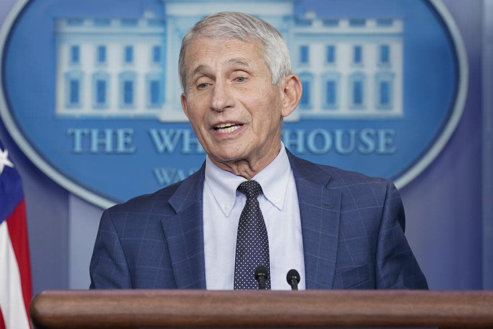 Dr. Anthony Fauci, director of the National Institute of Allergy and Infectious Diseases, speaks during the daily briefing at the White House in Washington, Wednesday, Dec. 1, 2021. (AP Photo/Susan Walsh)