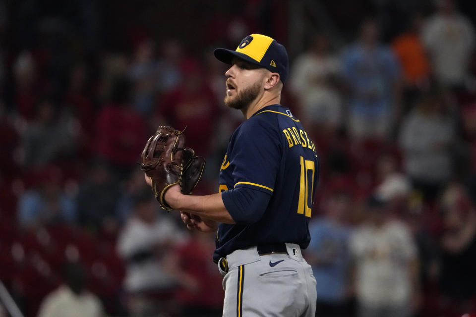 Milwaukee Brewers pitcher Mike Brosseau stands on the mound after giving up a grand slam to St. Louis Cardinals' Andrew Knizner during the eighth inning of a baseball game Monday, May 15, 2023, in St. Louis. (AP Photo/Jeff Roberson)