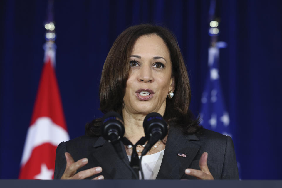U.S. Vice President Kamala Harris delivers a speech at Gardens by the Bay in Singapore before departing for Vietnam on the second leg of her Southeast Asia trip, Tuesday, Aug. 24, 2021. (Evelyn Hockstein/Pool Photo via AP)