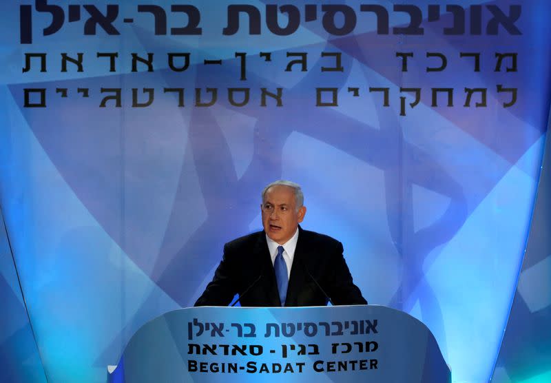 FILE PHOTO: Israel's Prime Minister Netanyahu delivers a speech near Tel Aviv, Israel