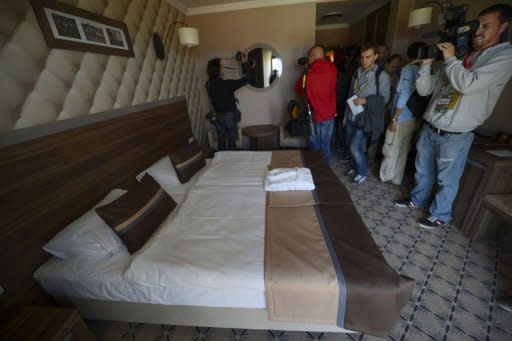 Journalists visit a room of the Spain's football team base camp in the hotel Mistral Sports on June 15 during the Euro 2012 football championships. Spain threw open the doors of their secluded hideaway in northern Poland to offer fans a tantalising glimpse of just how European and world champions live