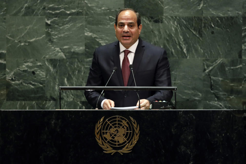 FILE - In this Sept. 24, 2019 file photo, Egypt's President Abdel Fattah el-Sisi addresses the 74th session of the United Nations General Assembly. Egypt’s president has called for “decisive” and “collective” action against countries supporting terrorism." His comments are an apparent reference to Turkey and Qatar, who back the Muslim Brotherhood group, which is outlawed by the Egyptian government. Addressing a two-day forum on peace in Africa in the southern city of Aswan, Abdel-Fattah el-Sissi says achieving sustainable development in Africa is needed, along with efforts to fight militant groups.(AP Photo/Richard Drew, File)