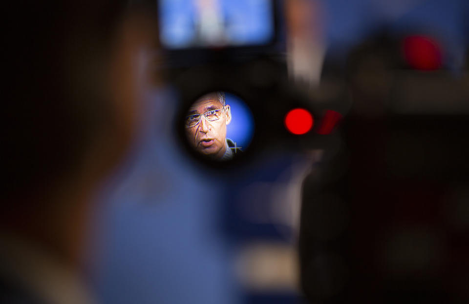 FILE - In this Oct. 23, 2019 file photo, NATO Secretary General Jens Stoltenberg speaks during a media conference at NATO headquarters in Brussels. A festering row between France and Turkey over a naval standoff in the Mediterranean Sea has shone a glaring searchlight on NATO's struggle to keep order among its ranks and exposed weaknesses in a military alliance that can only take action by consensus. (AP Photo/Virginia Mayo, File)