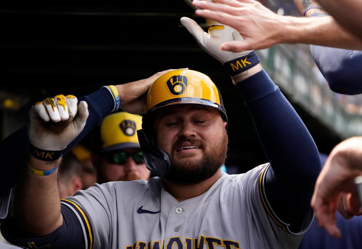 MILWAUKEE, WI - APRIL 29: Milwaukee Brewers first baseman Rowdy Tellez (11)  gets a hit during a game between the Milwaukee Brewers and the Chicago Cubs  at American Family Field on April