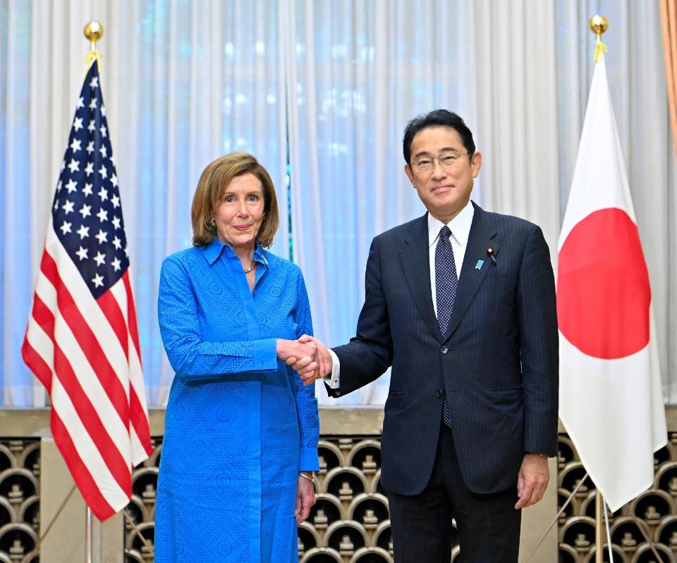 US House speaker Nancy Pelosi shakes hands with Japanese prime minister Fumio Kishida during a meeting at the prime minister’s official residence in Tokyo on 5 August 2022 (JAPAN POOL / JIJI PRESS/AFP via)