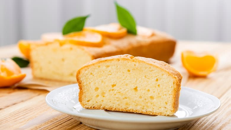 Lemon pound cake on white plate