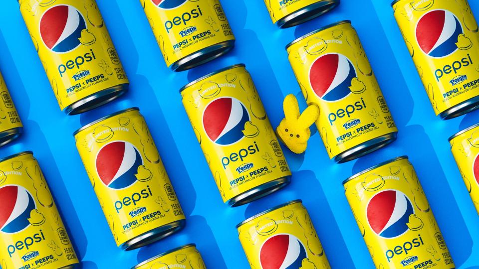 For a limited time the Pepsi X Peeps soft drink, described as having a "pillowy-soft marshmallow cola flavor," will be available in mini-can multipacks and 20 oz. bottles.
