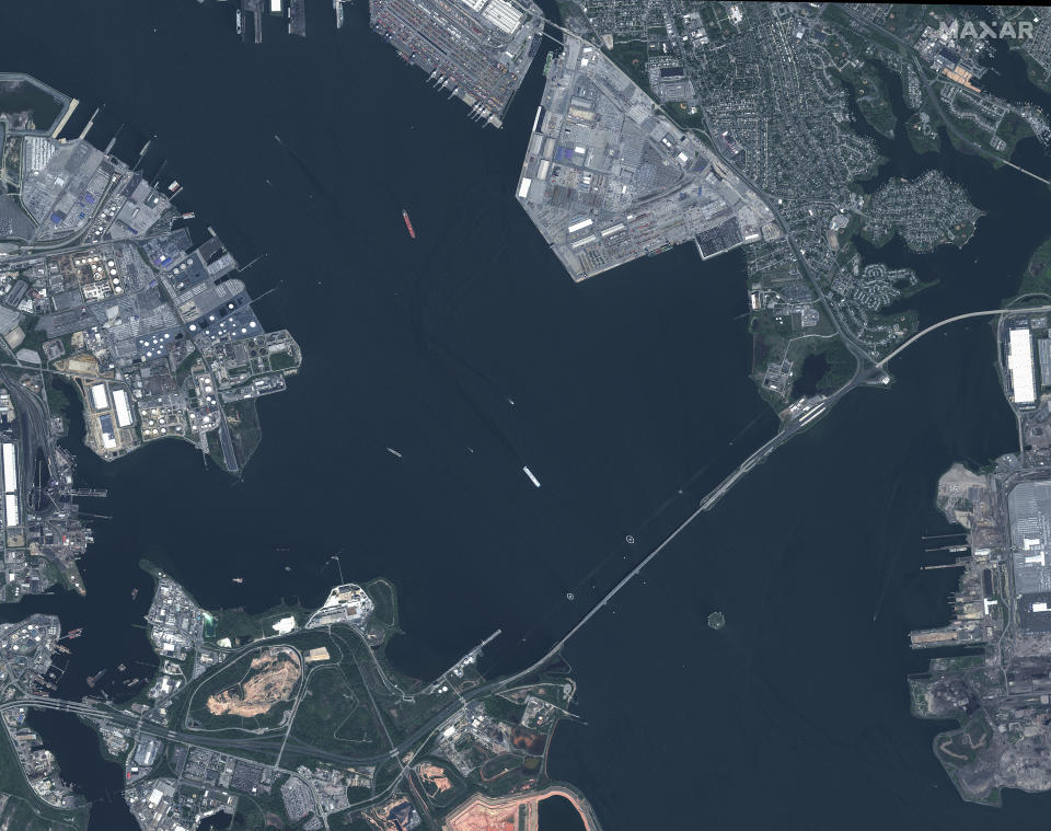 This satellite image provided by Maxar Technologies shows the overview of the Francis Scott Key Bridge in Baltimore, Md., on May 6, 2023. A container ship lost power and rammed into the major bridge in on Tuesday, March 26, 2024, causing the span to buckle into the river below. (Maxaar Technologies via AP)