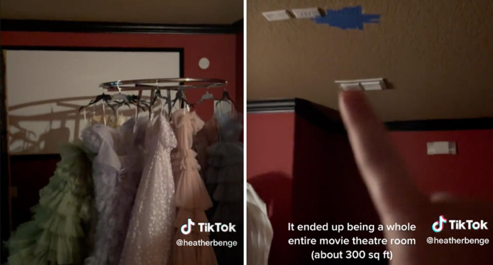 Two photos of the secret room where there is a projector, as well as the new homeowner's wedding dresses that are being stored there for now.