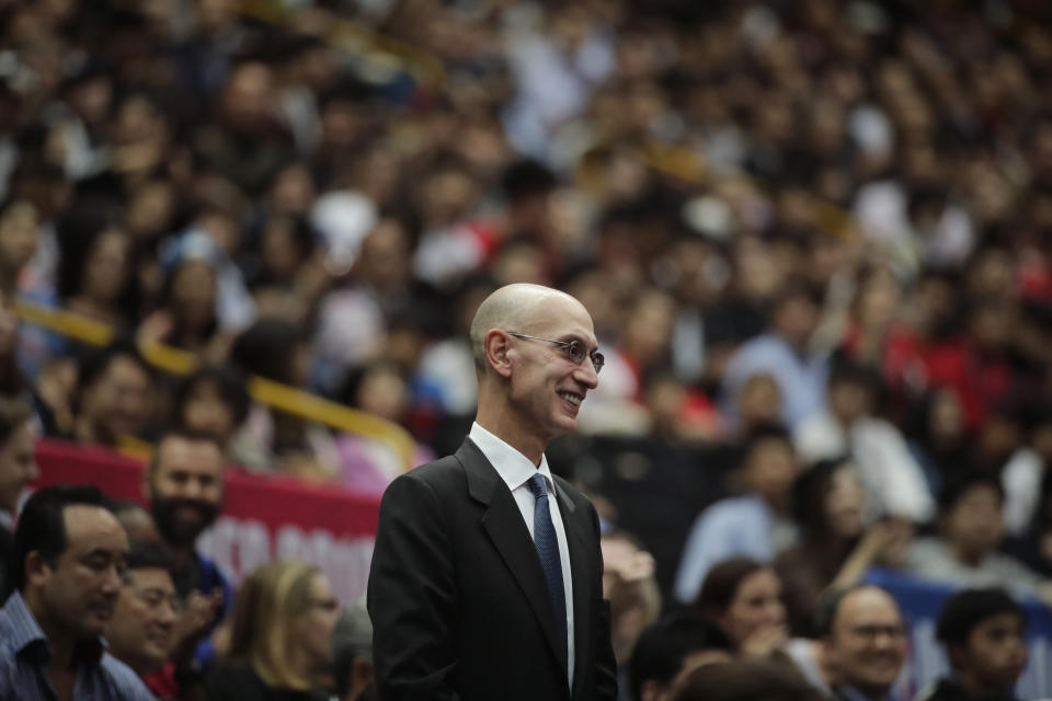 FILE - In this Oct. 8, 2019 file photo, NBA Commissioner Adam Silver is introduced during an NBA preseason basketball game between the Houston Rockets and the Toronto Raptors in Saitama, near Tokyo. Silver said in an interview Saturday, March 21, 2020 that the league is considering all options, best-case, worst-case and countless ideas in between, as it tries to come to grips with the coronavirus pandemic. (AP Photo/Jae C. Hong, File)