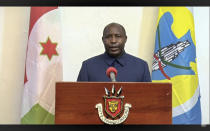 In this UNTV image, Evariste Ndayishimiye, President of Burundi, speaks in a pre-recorded video message during the 75th session of the United Nations General Assembly, Thursday, Sept. 24, 2020, at UN headquarters in New York. The U.N.'s first virtual meeting of world leaders started Tuesday with pre-recorded speeches from heads-of-state, kept at home by the coronavirus pandemic. (UNTV via AP)