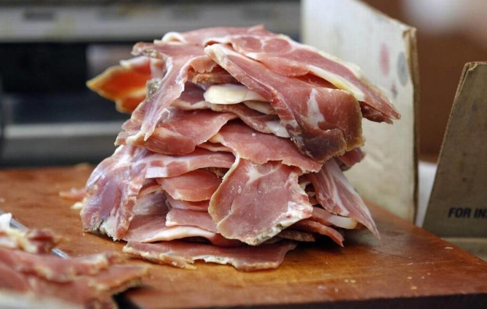 A big pile of ham is ready to be cooked up at the NC State Fair booth operated by The First United Methodist Church of Cary and White Plains United Methodist Church on Monday, Oct. 19, 2015.