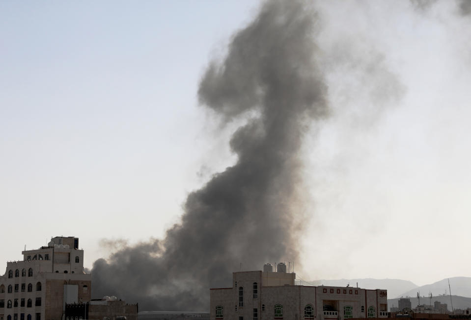 Smoke rises after Saudi-led airstrikes on an army base in Sanaa, Yemen, Sunday, Mar. 7, 2021. The Saudi-led coalition fighting Iran-backed rebels in Yemen said Sunday it launched a new air campaign on the war-torn country’s capital and on other provinces. The airstrikes come as retaliation for recent missile and drone attacks on Saudi Arabia that were claimed by the Iranian-backed rebels. (AP Photo/Hani Mohammed)