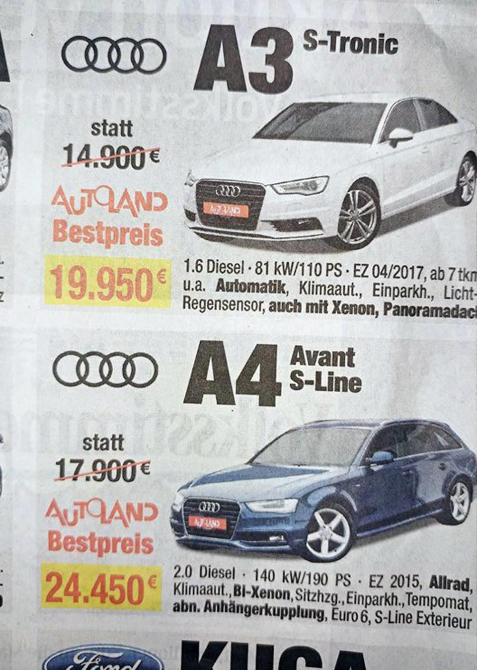 <p>Günstiger ist nicht immer besser – das müssen sich zumindest die Betreiber dieses Autohauses gedacht haben. Sonst kann man sich kaum erklären, warum ein Audi A3 statt für 14.900 Euro nun zum „Bestpreis“ von 19.950 Euro verkauft wird. Und auch beim Audi A4 liegt der Bestpreis anscheinend knapp 7000 Euro über dem Originalpreis. Aber bei so einer großen Anschaffung will man ja wirklich nicht am falschen Ende sparen.<br> (Bild: Facebook/@Kurioses aus der Presseschau) </p>