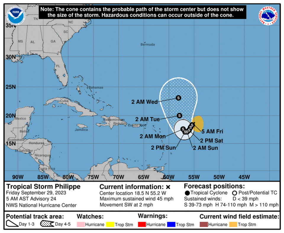 Trayectoria prevista para la tormenta tropical Philippe, el viernes 29 de septiembre de 2023 por la mañana.