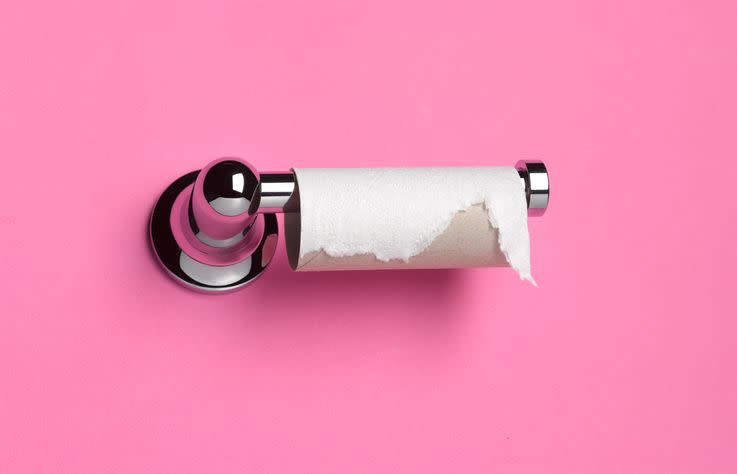 empty toilet paper tube on pink background