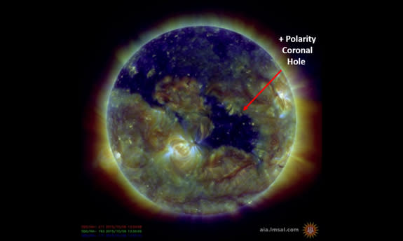 This image of the sun released by NOAA's Space Weather Prediction Center shows the location of a coronal hole on the sun, as viewed by NASA's Solar Dynamics Observatory spacecraft on Oct. 6, 2015. Solar wind streaming from the coronal hole is a