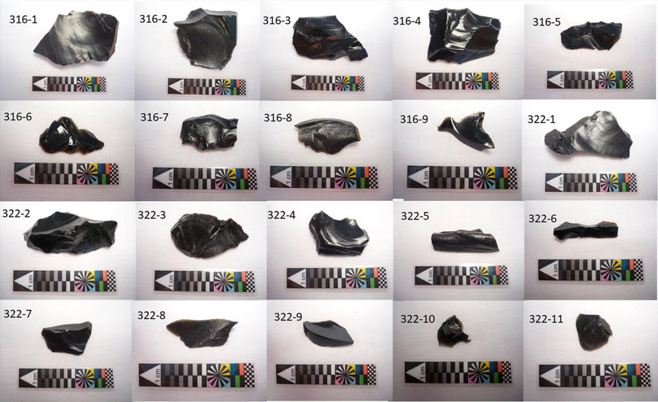 The 20 obsidian blades found at the archaeological site of Anakena on Rapa Nui.