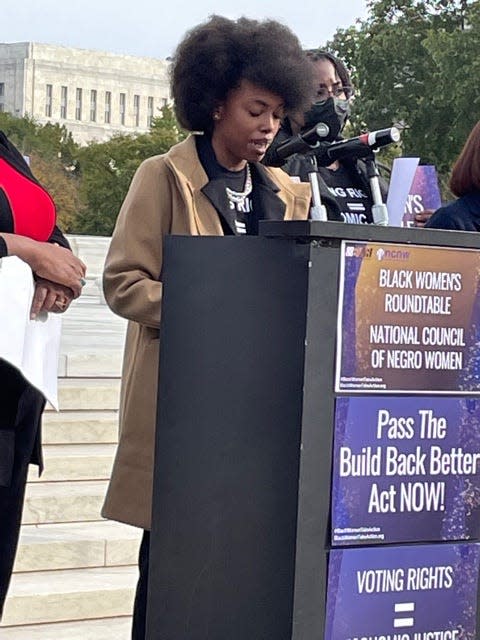 Sharon Jimerson, a junior at Tougaloo College in Mississippi, spoke outside the U.S. Supreme Court at a voting rights rally Nov. 4, 2021 in Washington, D.C. "Voter suppression is ever present in the state of Mississippi,’’ she said. “Black youth vote and we will be heard.”