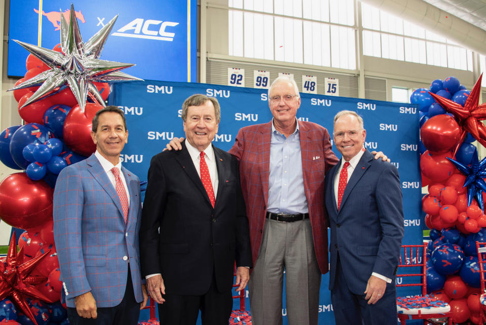 SMU athletic director Rick Hard, president Gerald Turner, board chairman David Miller and VP Brad Cheves look on during SMU's celebration after joining the ACC (Credit: SMU athletics)