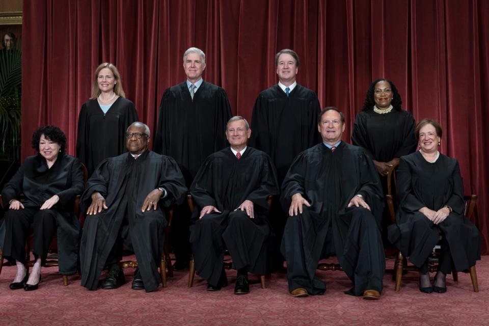 The current justice of the Supreme Court. Sonia Sotomayor, Elena Kagan and Ketanji Brown Jackson make up the liberal bloc. Chief John Roberts, Clarence Thomas, Samuel Alito, Neil Gorsuch, Brett Kavanaugh and Barrett make up the conservative view (AP)