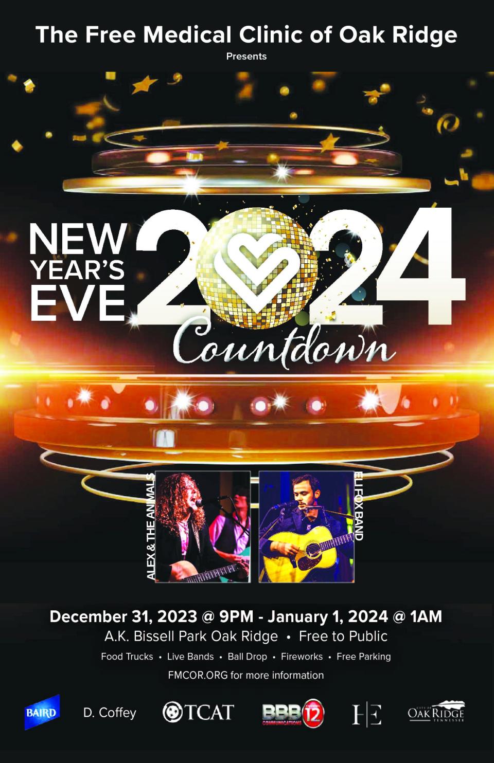 The flier for the New Year's Eve 2024 Countdown event scheduled for Oak Ridge. The event will begin at 9 p.m. Dec. 31 and end at 1 a.m. Jan. 1 in A.K. Bissell Park. It's hosted by Free Medical Clinic of Oak Ridge with lots of sponsors.