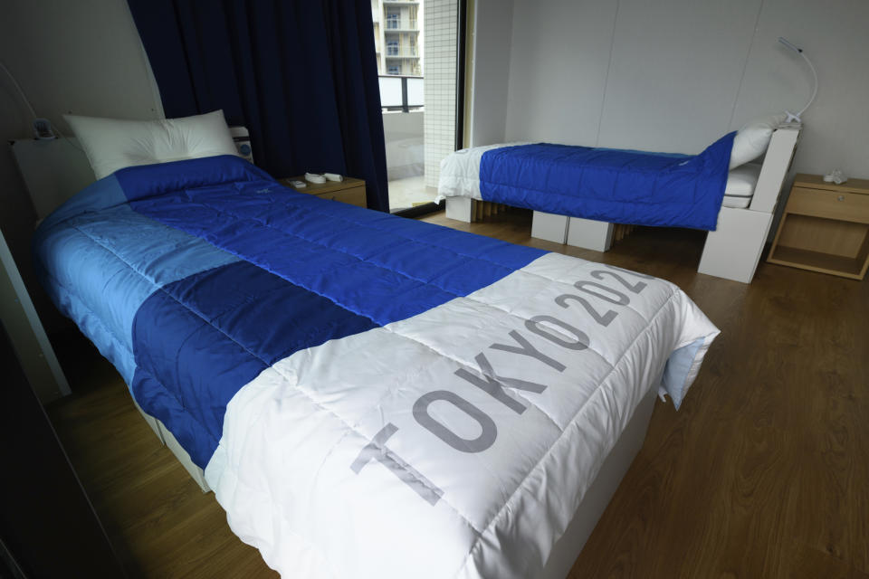 Recyclable cardboard beds and mattresses for athletes are seen during a media tour at the Olympic and Paralympic Village for the Tokyo 2020 Games, constructed in the Harumi waterfront district of Tokyo, Sunday, June 20, 2021. (Akio Kon/Pool Photo via AP)