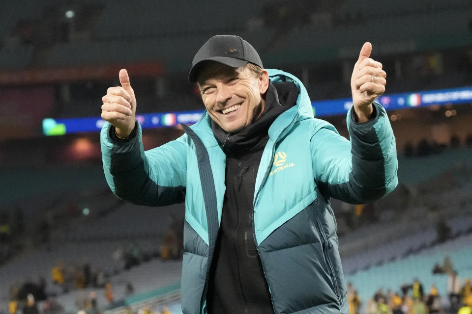 Australia's head coach Tony Gustavsson celebrates at the end of the Women's World Cup soccer match between Australia and Ireland at Stadium Australia in Sydney, Australia, Thursday, July 20, 2023. Australia won 1-0. (AP Photo/Mark Baker)