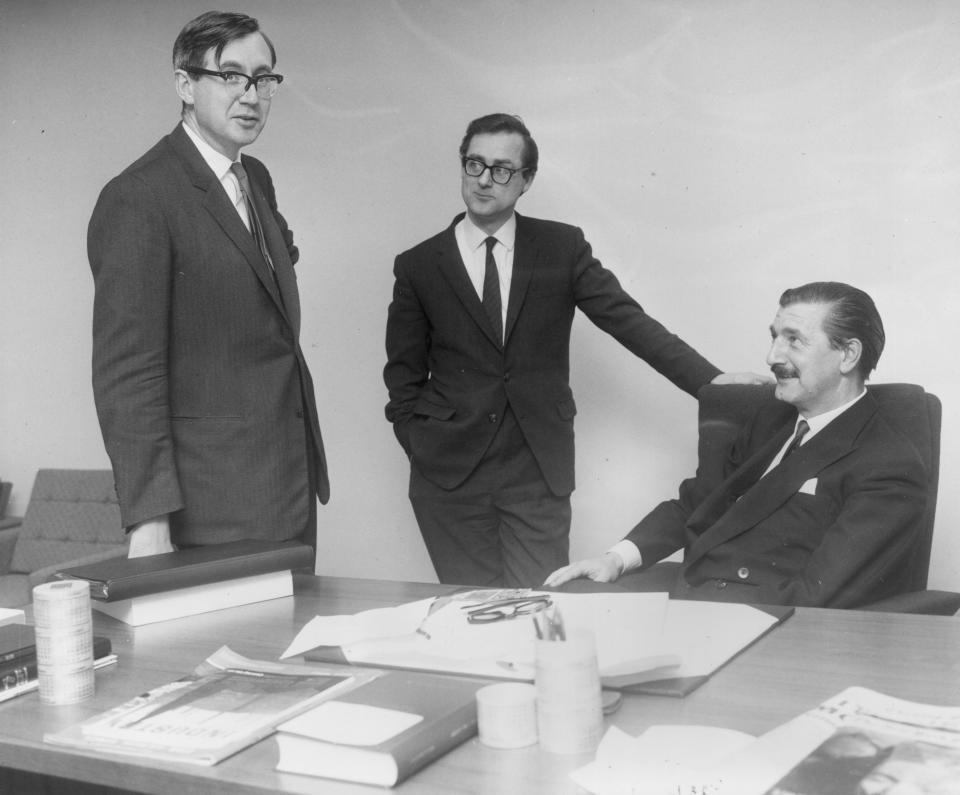 18 January 1967:  (from left): William Rees-Mogg, editor of ‘The Times’; Harold Evans, editor of ‘The Sunday Times’; and Denis Hamilton, editor-in-chief of both newspapersGetty