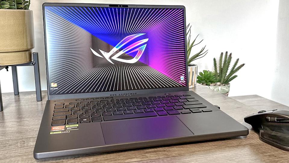 Asus ROG Zephyrus G14 review unit on a desk