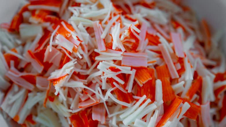 Close up of shredded imitation crab 